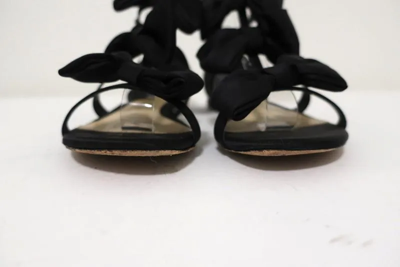 Alexandre Birman Cori Triple Bow Sandals Black Satin Size 39 Open Toe Flat