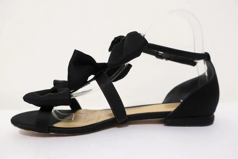 Alexandre Birman Cori Triple Bow Sandals Black Satin Size 39 Open Toe Flat