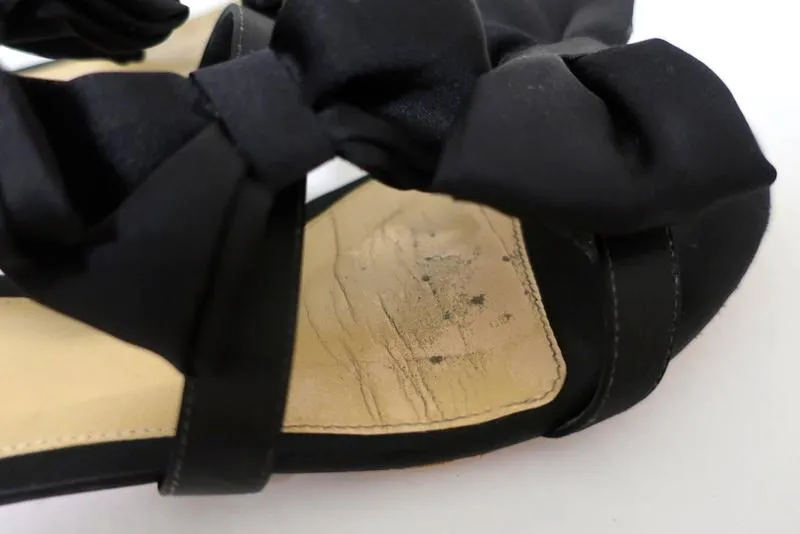 Alexandre Birman Cori Triple Bow Sandals Black Satin Size 39 Open Toe Flat