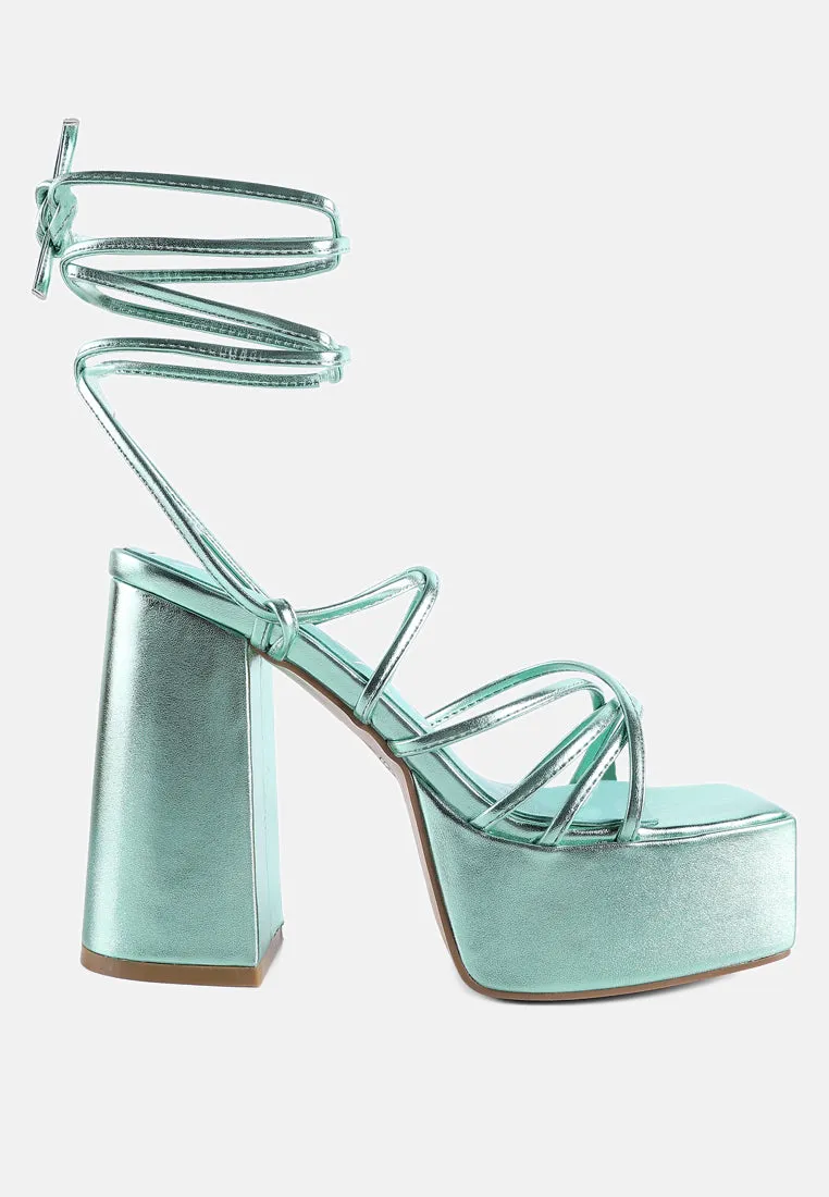 anvil metallic block heeled lace up sandals