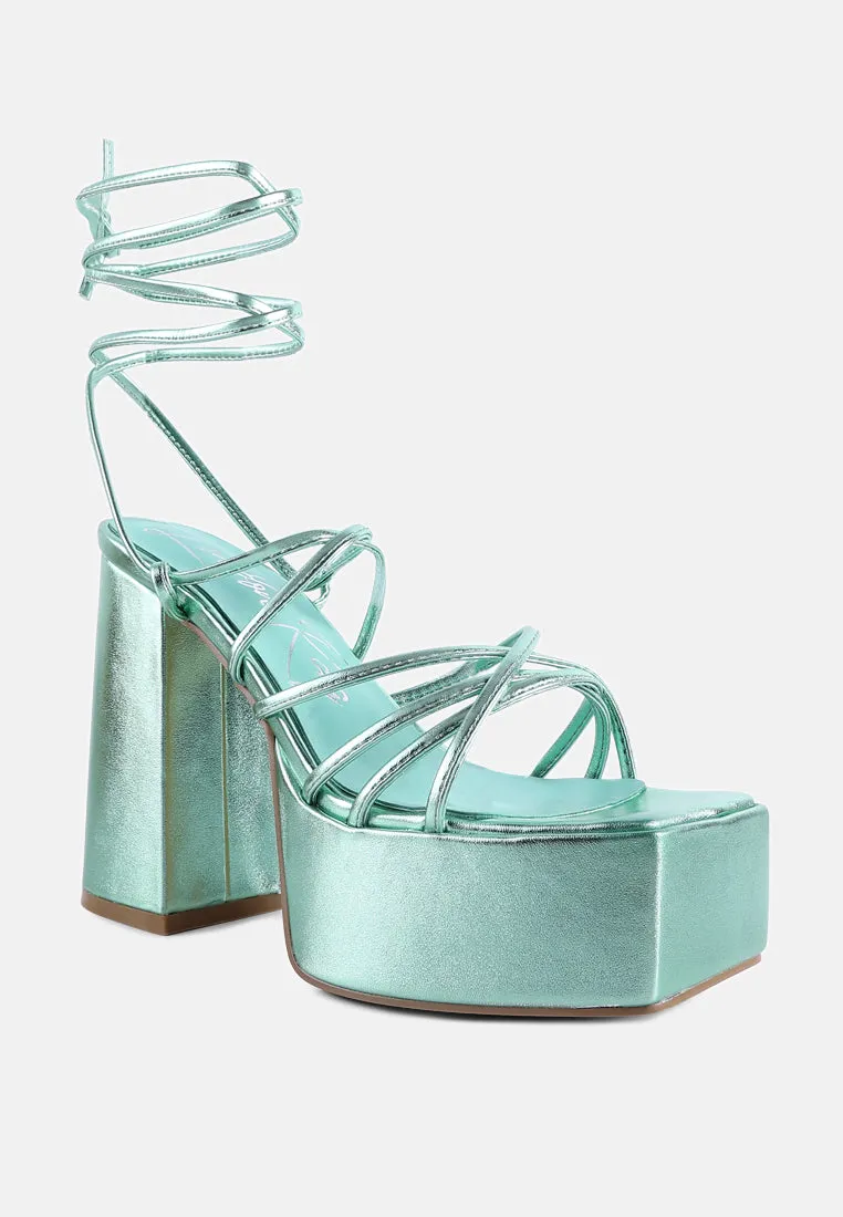 anvil metallic block heeled lace up sandals