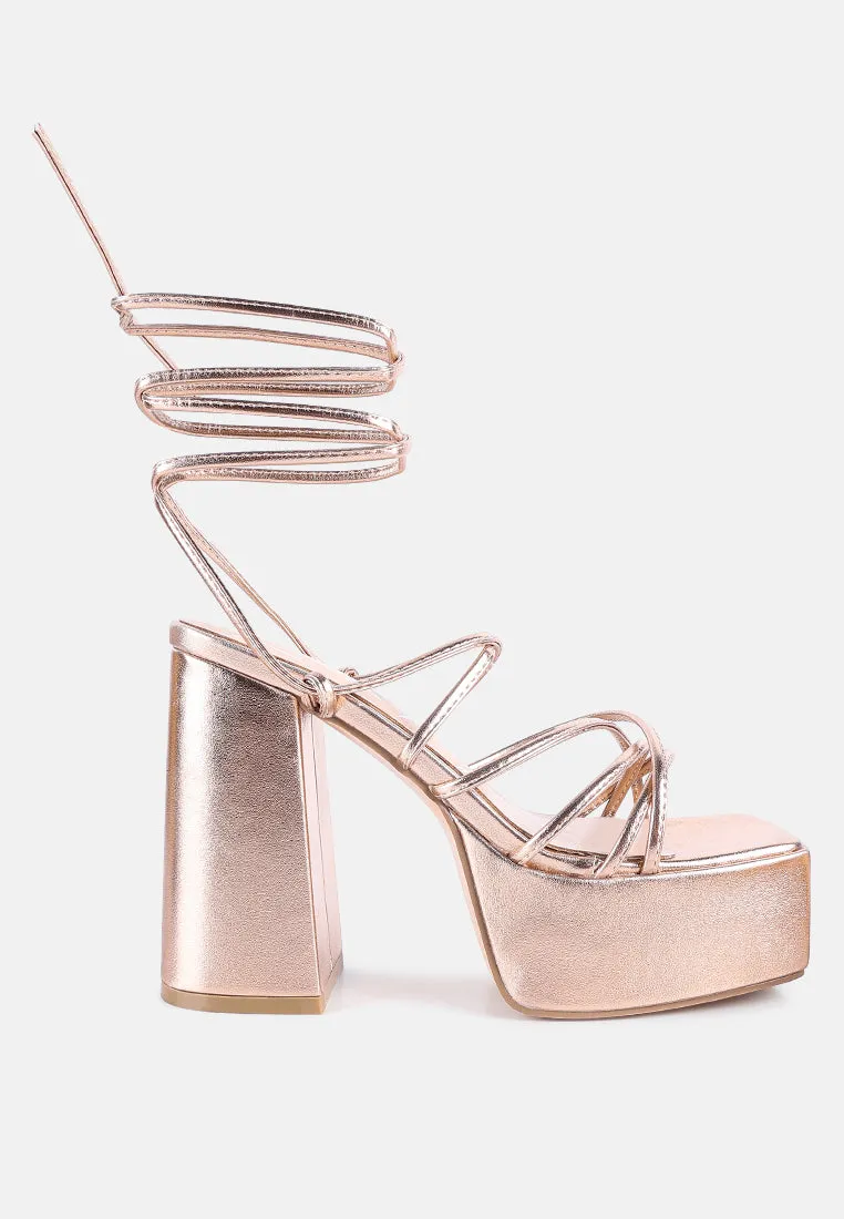 anvil metallic block heeled lace up sandals