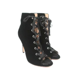 Gianvito Rossi Lace-Up Open Toe Ankle Boots Marie Black Velvet Size 40.5