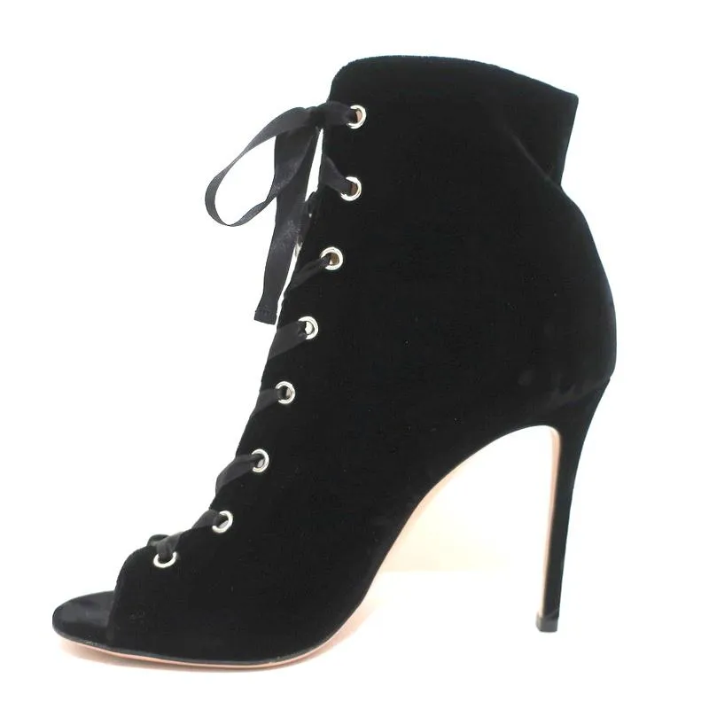 Gianvito Rossi Lace-Up Open Toe Ankle Boots Marie Black Velvet Size 40.5