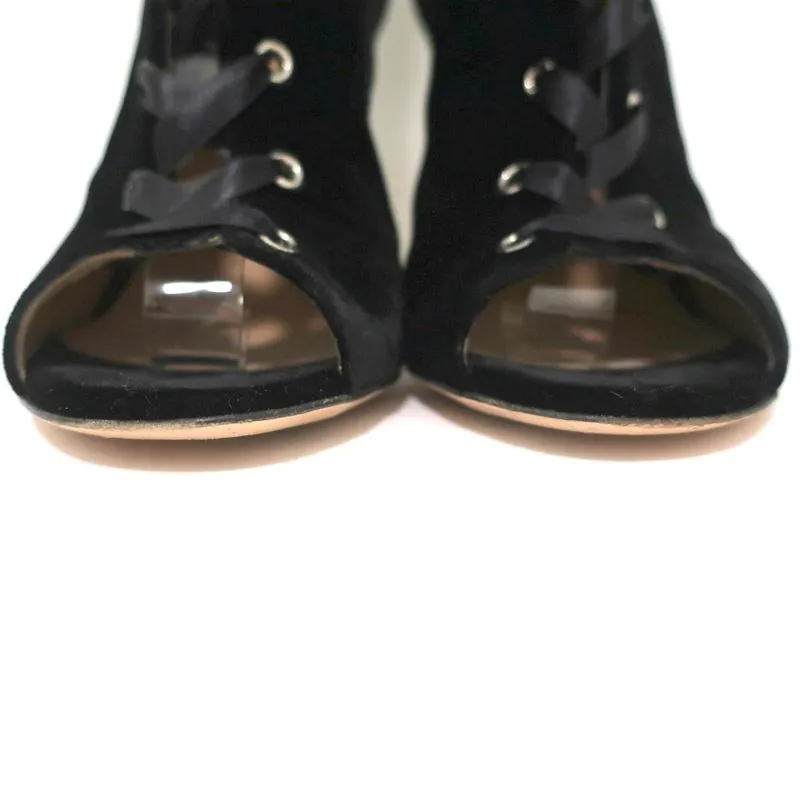 Gianvito Rossi Lace-Up Open Toe Ankle Boots Marie Black Velvet Size 40.5