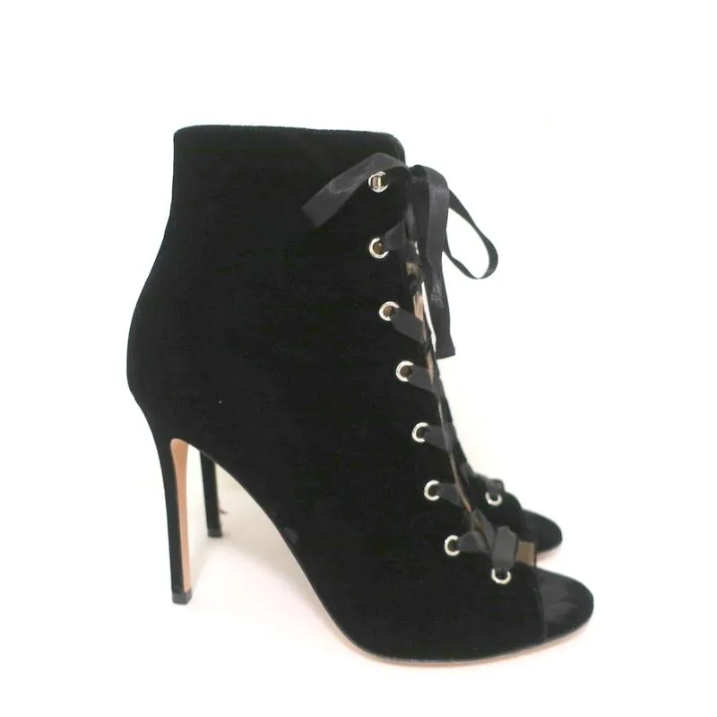 Gianvito Rossi Lace-Up Open Toe Ankle Boots Marie Black Velvet Size 40.5