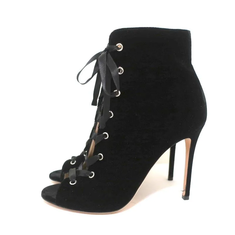 Gianvito Rossi Lace-Up Open Toe Ankle Boots Marie Black Velvet Size 40.5