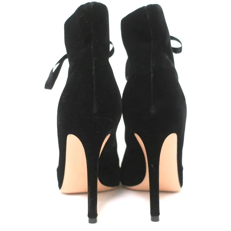 Gianvito Rossi Lace-Up Open Toe Ankle Boots Marie Black Velvet Size 40.5