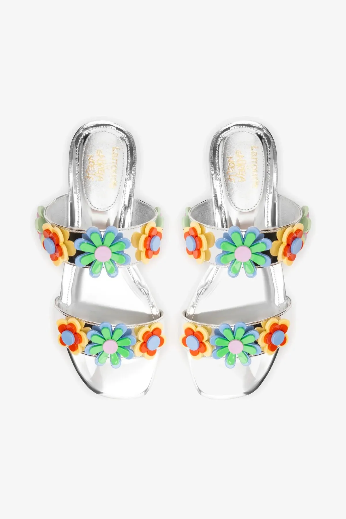 Larroudé x Gabriela Noelle: Blossom Flat Sandal In Silver Specchio and Multicolor Acrylic