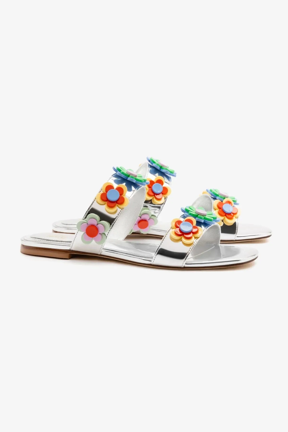 Larroudé x Gabriela Noelle: Blossom Flat Sandal In Silver Specchio and Multicolor Acrylic