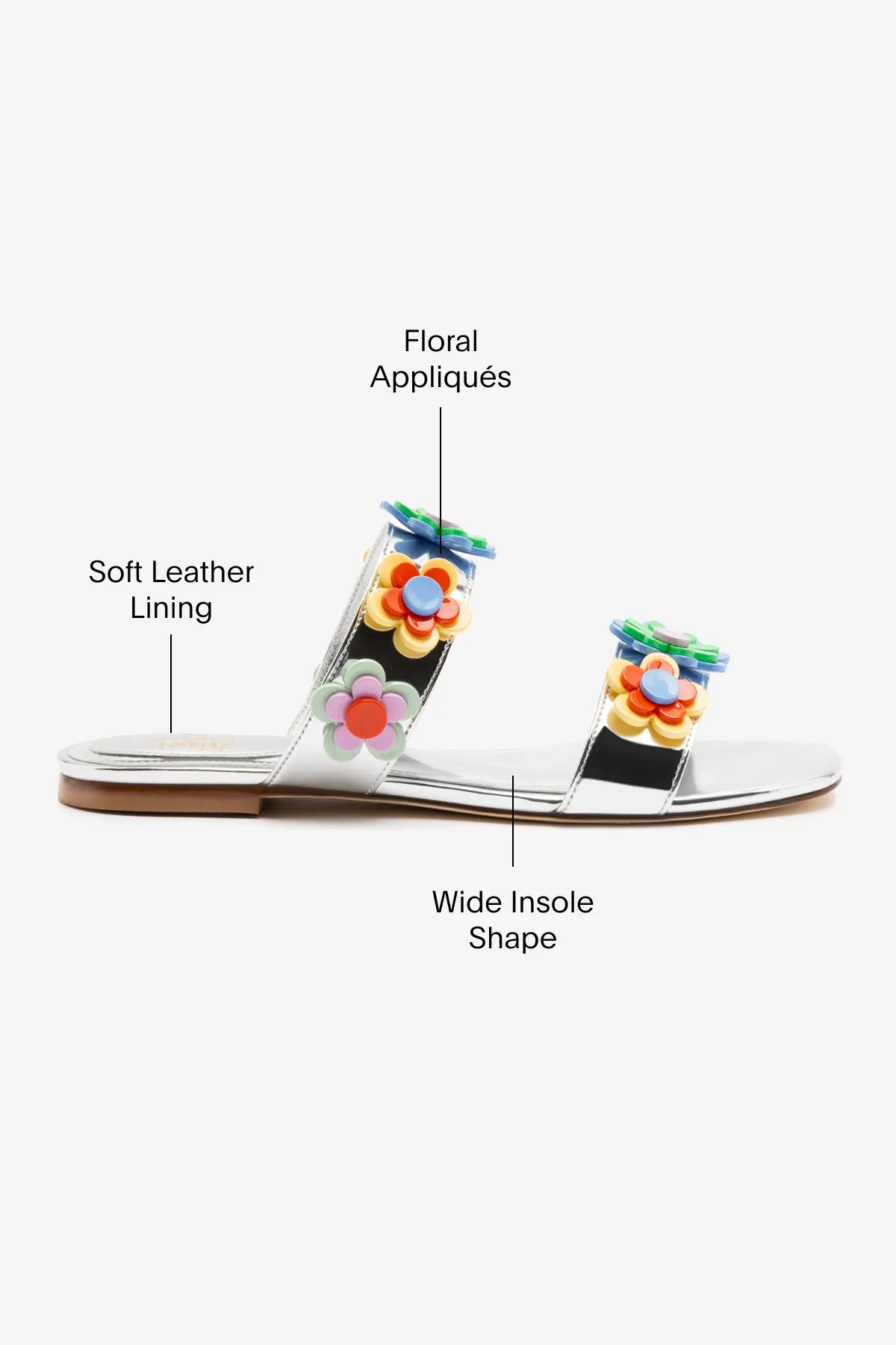 Larroudé x Gabriela Noelle: Blossom Flat Sandal In Silver Specchio and Multicolor Acrylic