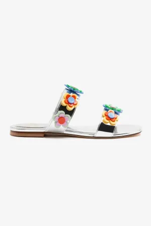 Larroudé x Gabriela Noelle: Blossom Flat Sandal In Silver Specchio and Multicolor Acrylic