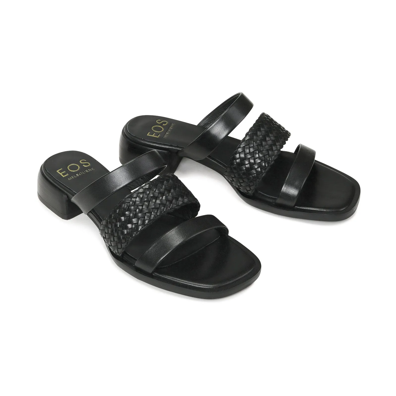 LATTICE LEATHER BLOCK HEEL SANDALS