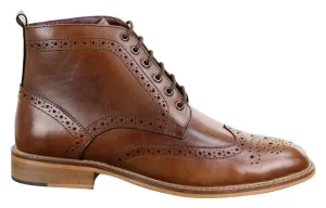 Mens Classic Oxford Brogue Ankle Boots in Tan Leather