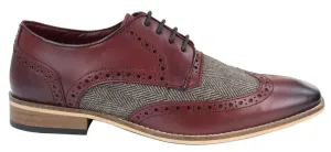Mens Classic Oxford Tweed Brogue Derby Shoes in Burgundy Leather