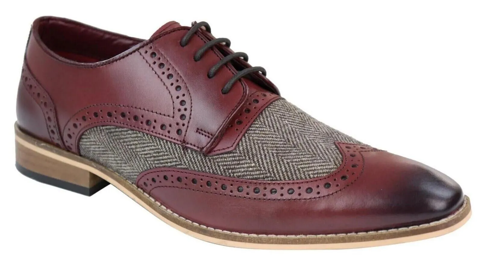 Mens Classic Oxford Tweed Brogue Derby Shoes in Burgundy Leather